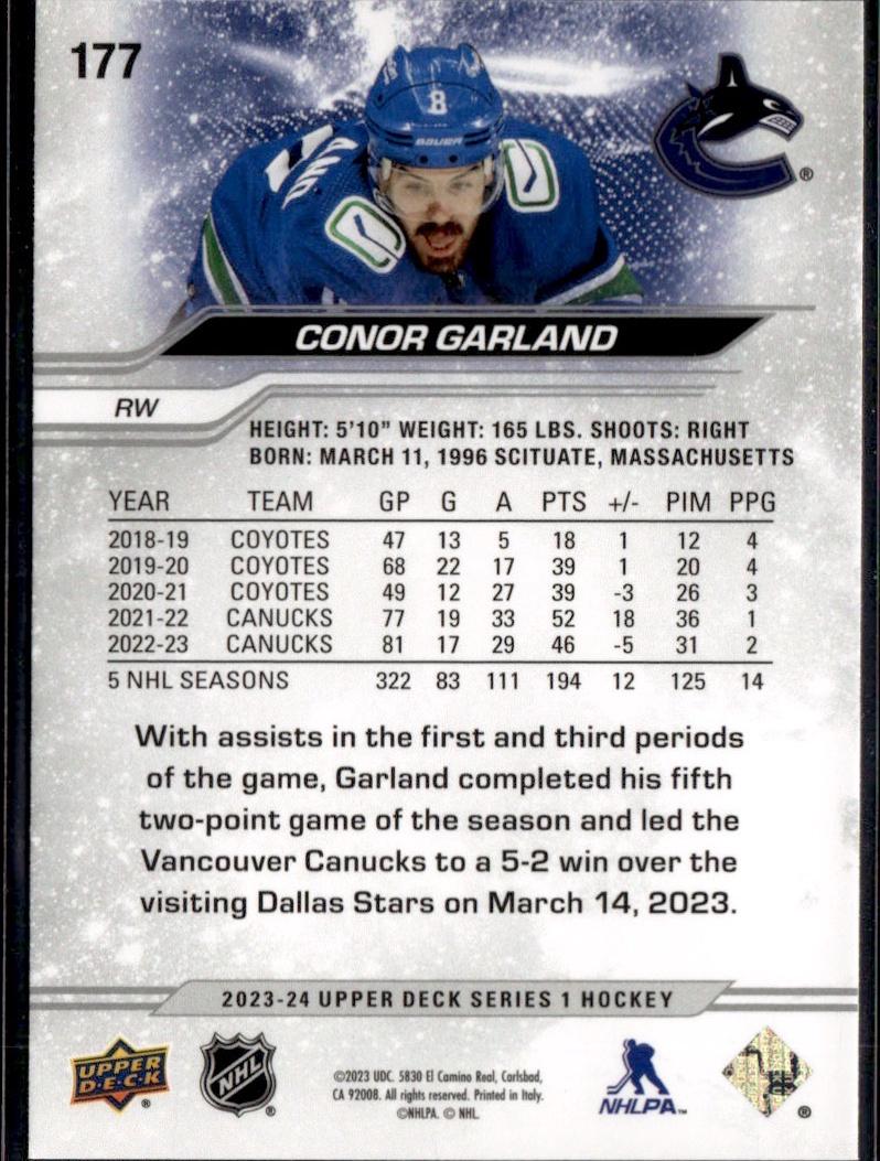 2023-24 Upper Deck Series 1 Hockey Base Silver Outburst #177 – Conor Garland (Vancouver Canucks)