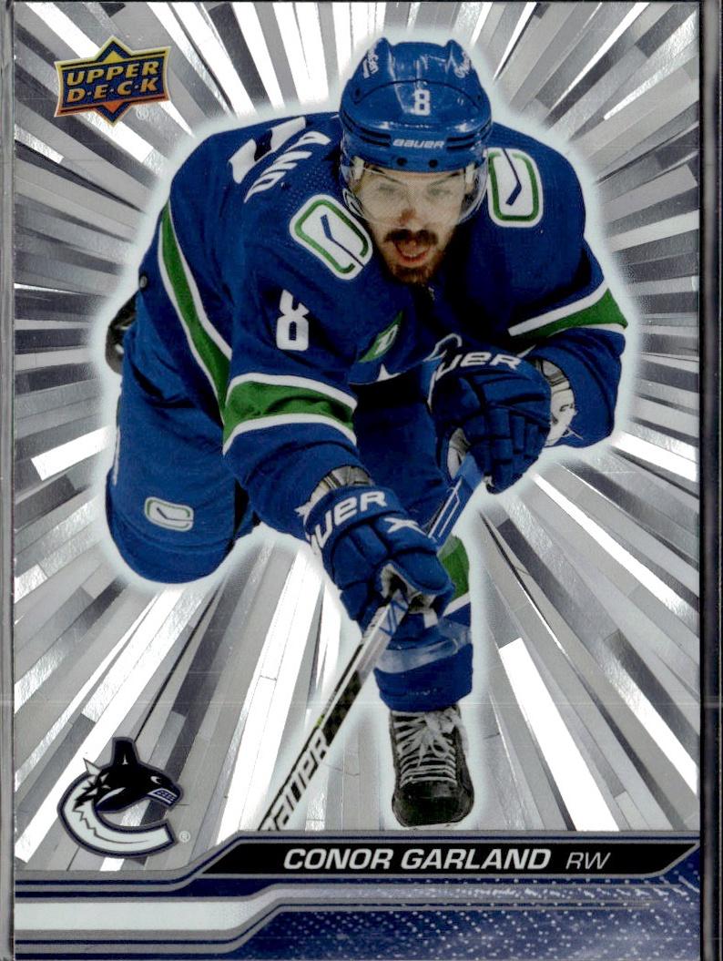2023-24 Upper Deck Series 1 Hockey Base Silver Outburst #177 – Conor Garland (Vancouver Canucks)