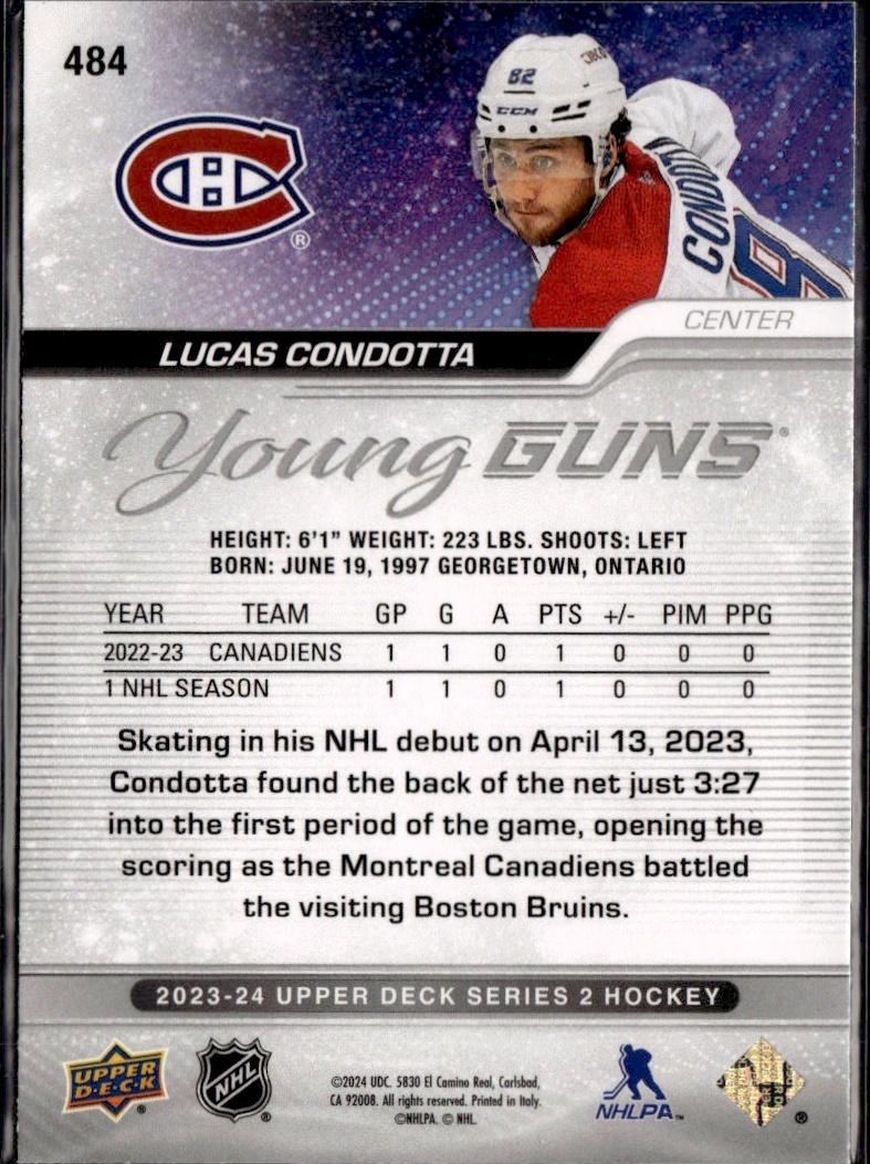 2023-24 Upper Deck Series 2 Hockey Base Young Guns #484 – Lucas Condotta (Montreal Canadiens)