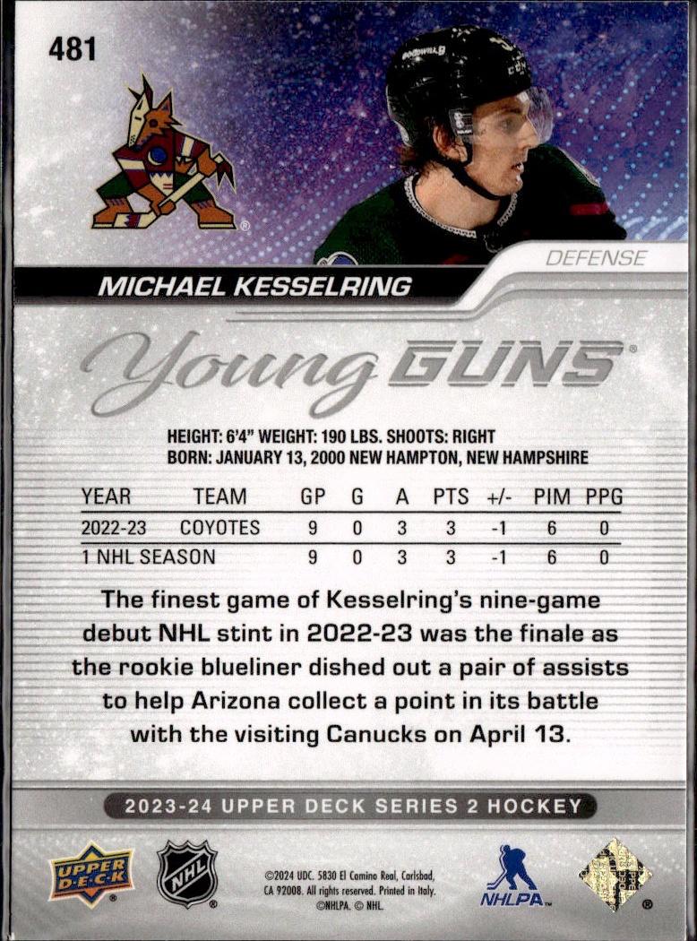 2023-24 Upper Deck Series 2 Hockey Base Young Guns #481 – Michael Kesselring (Arizona Coyotes)