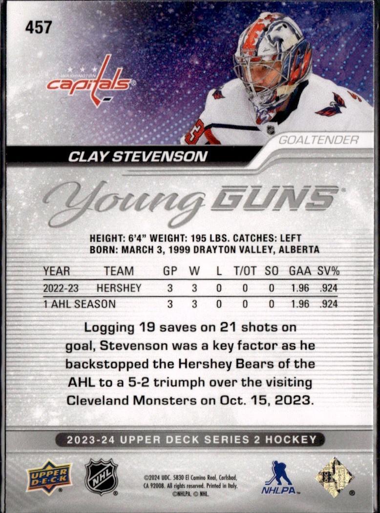 2023-24 Upper Deck Series 2 Hockey Base Young Guns #457 – Clay Stevenson (Washington Capitals)