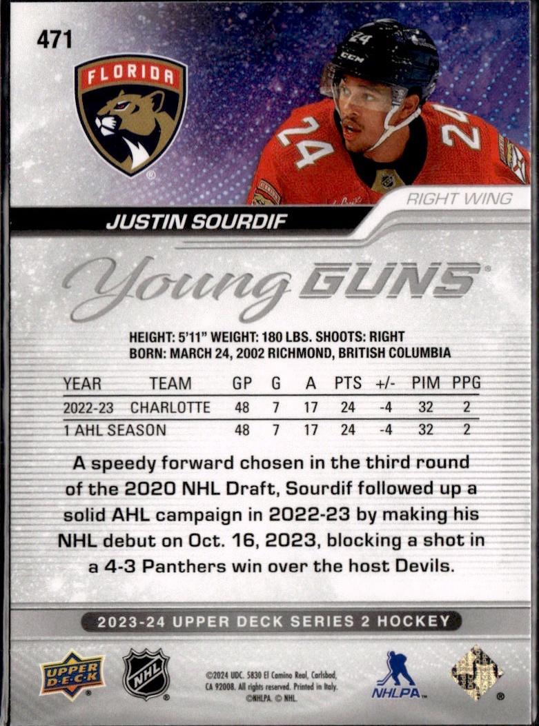 2023-24 Upper Deck Series 2 Hockey Base Young Guns #471 – Justin Sourdif (Florida Panthers)