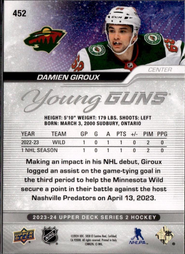 2023-24 Upper Deck Series 2 Hockey Base Young Guns #452 – Damien Giroux (Minnesota Wild)