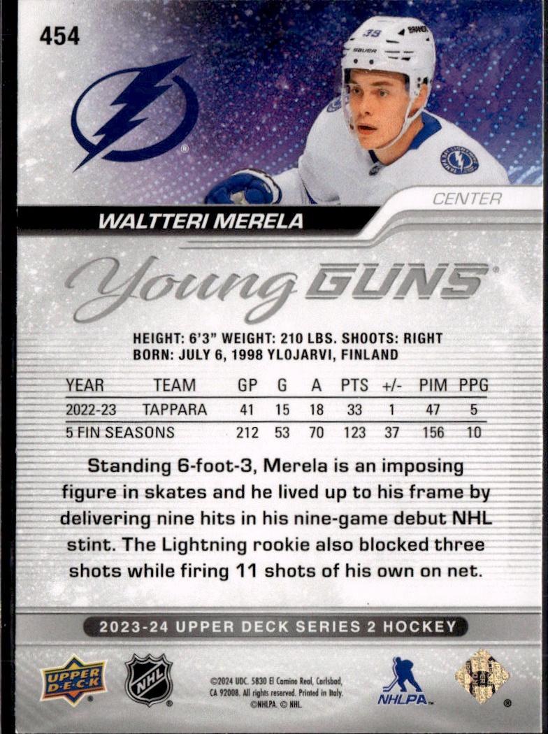 2023-24 Upper Deck Series 2 Hockey Base Young Guns #454 – Waltteri Merela (Tampa Bay Lightning)