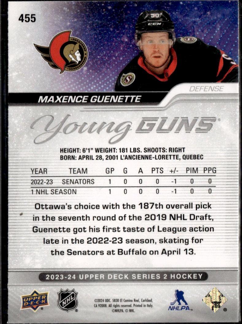 2023-24 Upper Deck Series 2 Hockey Base Young Guns #455 – Maxence Guenette (Ottawa Senators)