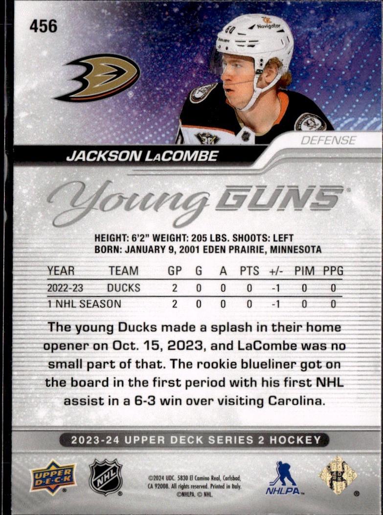 2023-24 Upper Deck Series 2 Hockey Base Young Guns #456 – Jackson LaCombe (Anaheim Ducks)