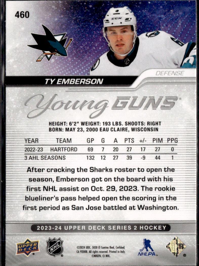 2023-24 Upper Deck Series 2 Hockey Base Young Guns #460 – Ty Emberson (San Jose Sharks)