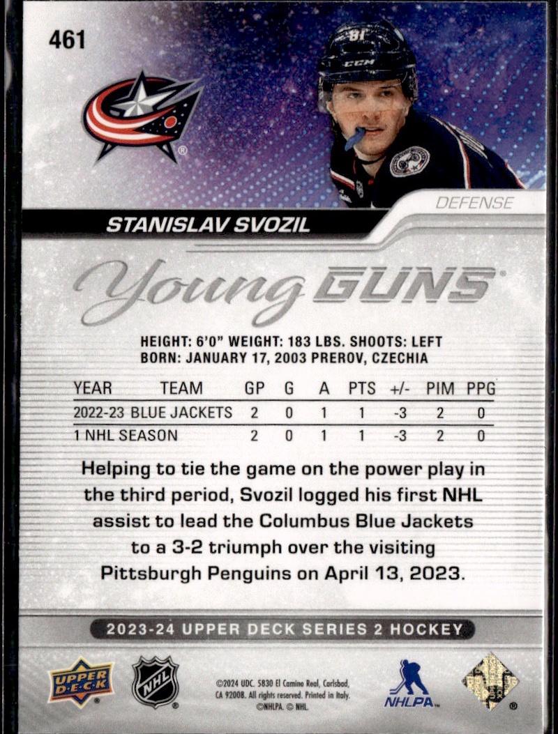 2023-24 Upper Deck Series 2 Hockey Base Young Guns #461 – Stanislav Svozil (Columbus Blue Jackets)