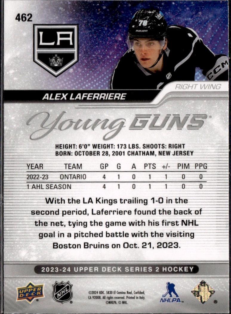 2023-24 Upper Deck Series 2 Hockey Base Young Guns #462 – Alex Laferriere (Los Angeles Kings)