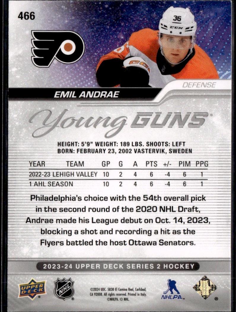 2023-24 Upper Deck Series 2 Hockey Base Young Guns #466 – Emil Andrae (Philadelphia Flyers)