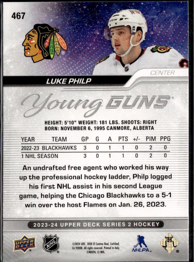 2023-24 Upper Deck Series 2 Hockey Base Young Guns #467 – Luke Philp (Chicago Blackhawks)