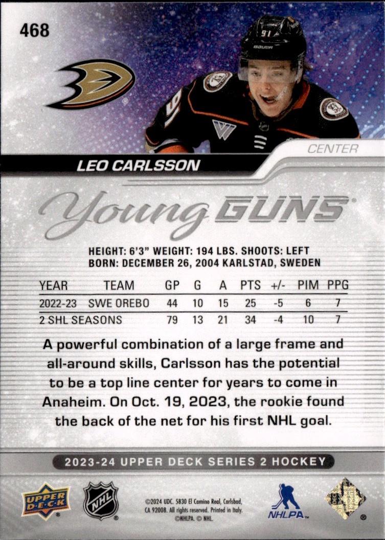 2023-24 Upper Deck Series 2 Hockey Base Young Guns #468 – Leo Carlsson (Anaheim Ducks)