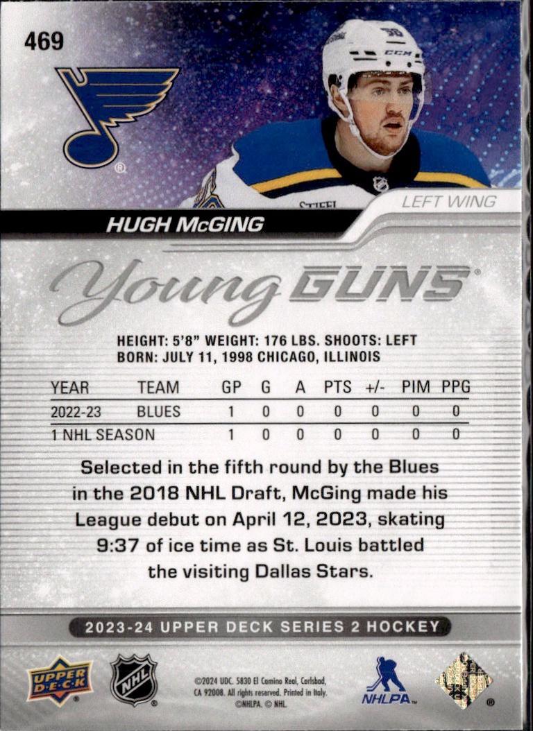 2023-24 Upper Deck Series 2 Hockey Base Young Guns #469 – Hugh McGing (St. Louis Blues)