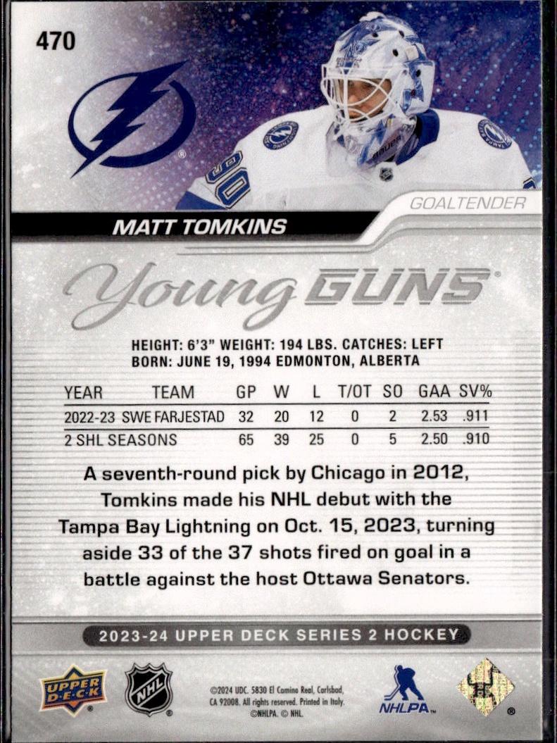 2023-24 Upper Deck Series 2 Hockey Base Young Guns #470 – Matt Tomkins (Tampa Bay Lightning)