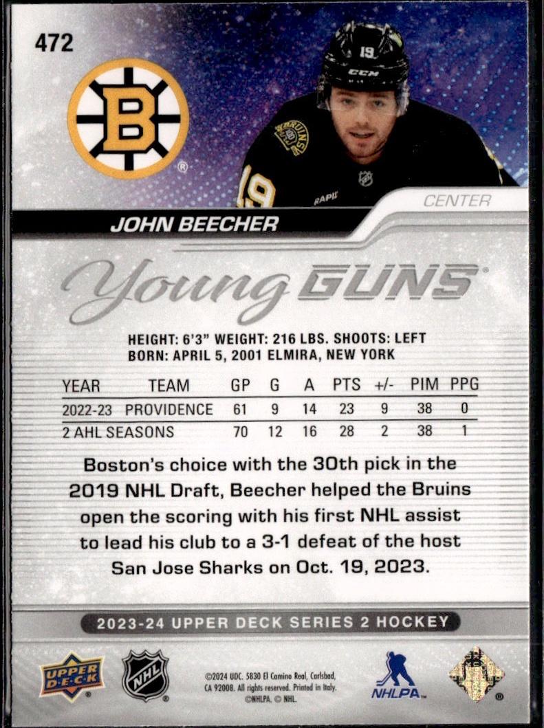 2023-24 Upper Deck Series 2 Hockey Base Young Guns #472 – John Beecher (Boston Bruins)
