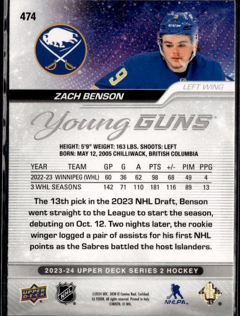 2023-24 Upper Deck Series 2 Hockey Base Young Guns #474 – Zach Benson (Buffalo Sabres)