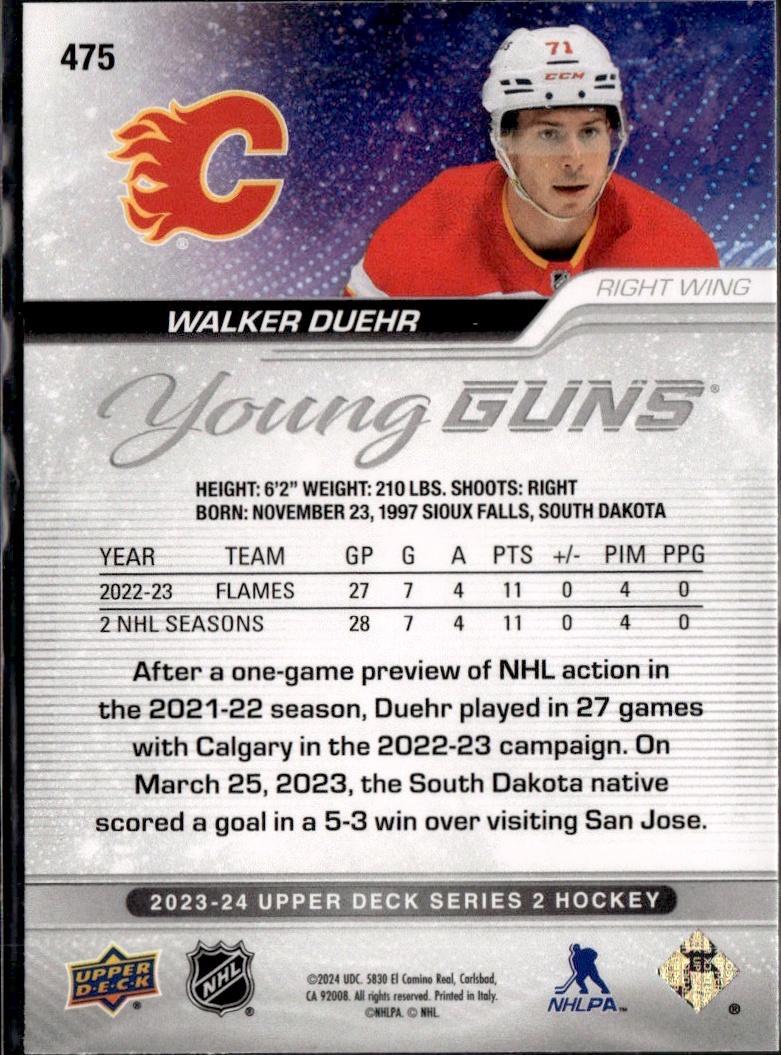 2023-24 Upper Deck Series 2 Hockey Base Young Guns #475 – Walker Duehr (Calgary Flames)