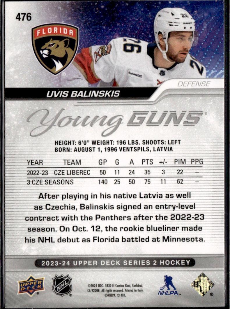 2023-24 Upper Deck Series 2 Hockey Base Young Guns #476 – Uvis Balinskis (Florida Panthers)