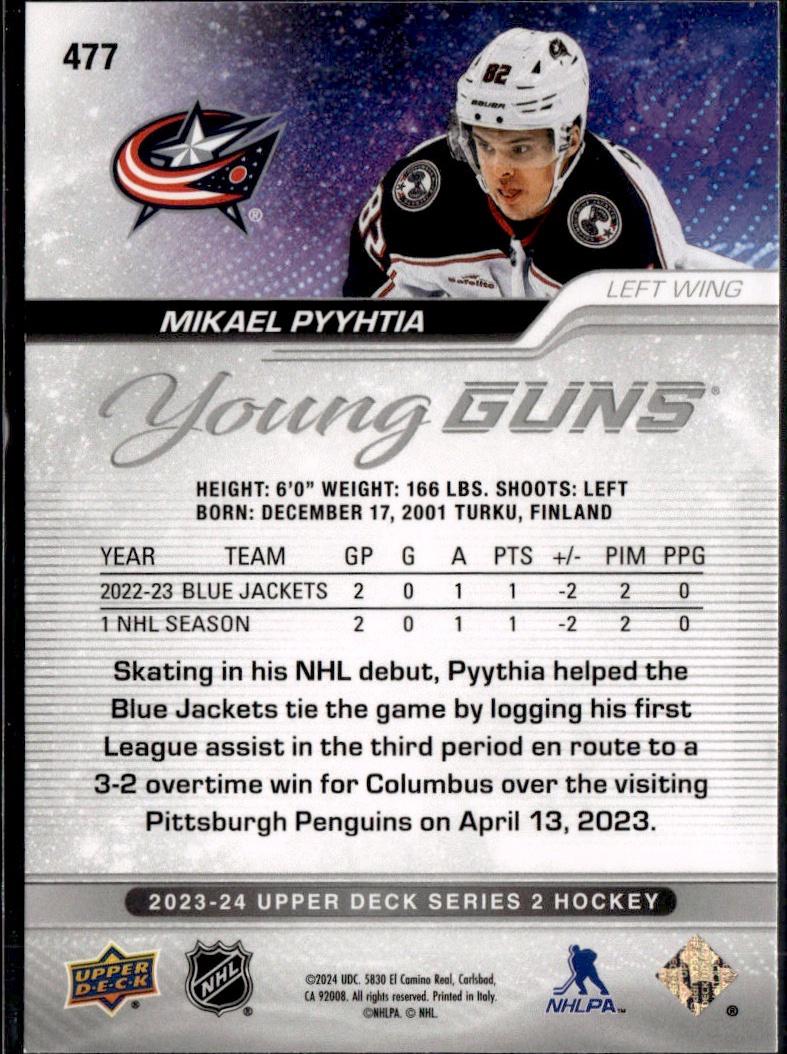 2023-24 Upper Deck Series 2 Hockey Base Young Guns #477 – Mikael Pyyhtia (Columbus Blue Jackets)