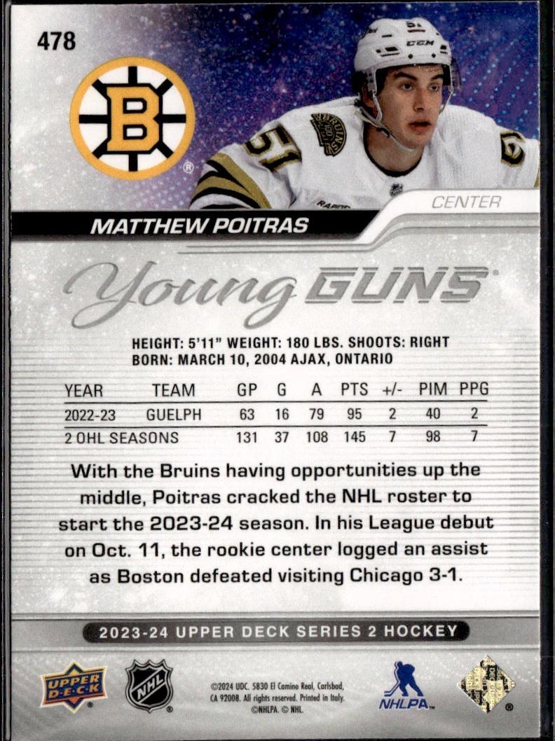 2023-24 Upper Deck Series 2 Hockey Base Young Guns #478 – Matthew Poitras (Boston Bruins)