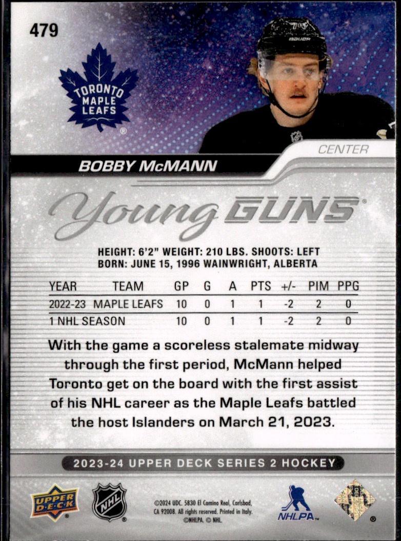 2023-24 Upper Deck Series 2 Hockey Base Young Guns #479 – Bobby McMann (Toronto Maple Leafs)