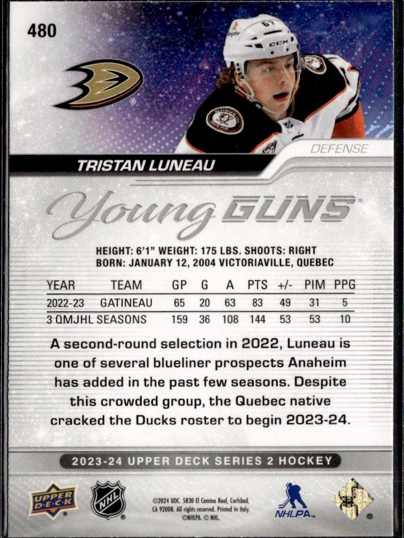 2023-24 Upper Deck Series 2 Hockey Base Young Guns #480 – Tristan Luneau (Anaheim Ducks)