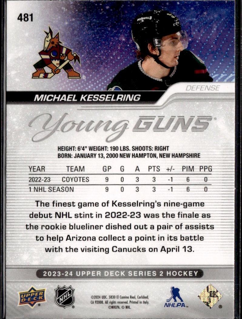 2023-24 Upper Deck Series 2 Hockey Base Young Guns #481 – Michael Kesselring (Arizona Coyotes)