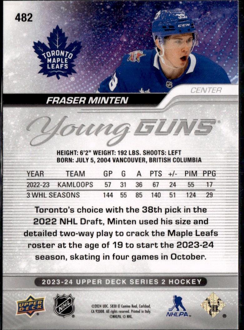 2023-24 Upper Deck Series 2 Hockey Base Young Guns #482 – Fraser Minten (Toronto Maple Leafs)
