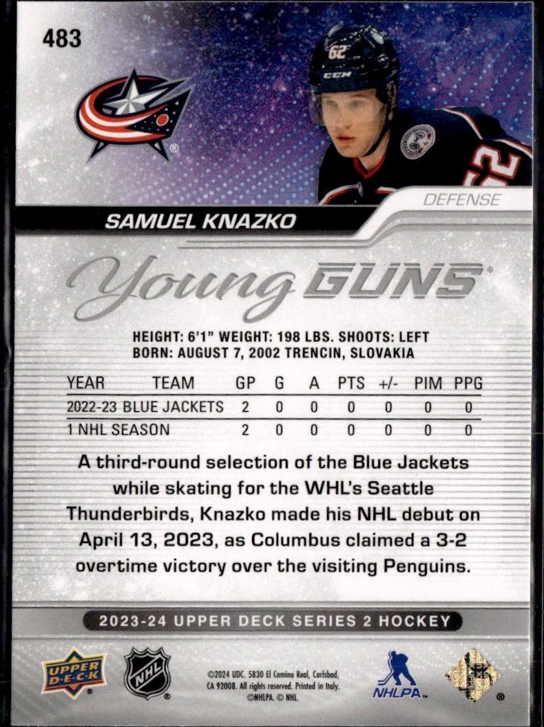 2023-24 Upper Deck Series 2 Hockey Base Young Guns #483 – Samuel Knazko (Columbus Blue Jackets)