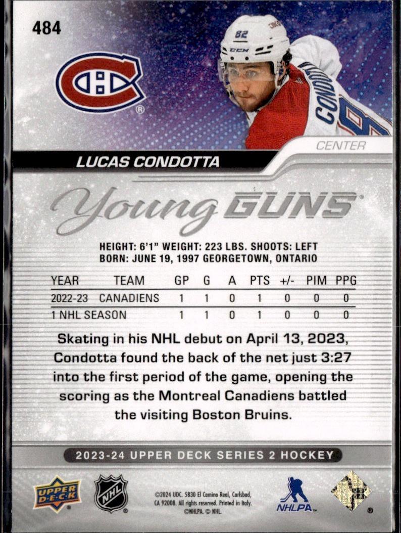 2023-24 Upper Deck Series 2 Hockey Base Young Guns #484 – Lucas Condotta (Montreal Canadiens)