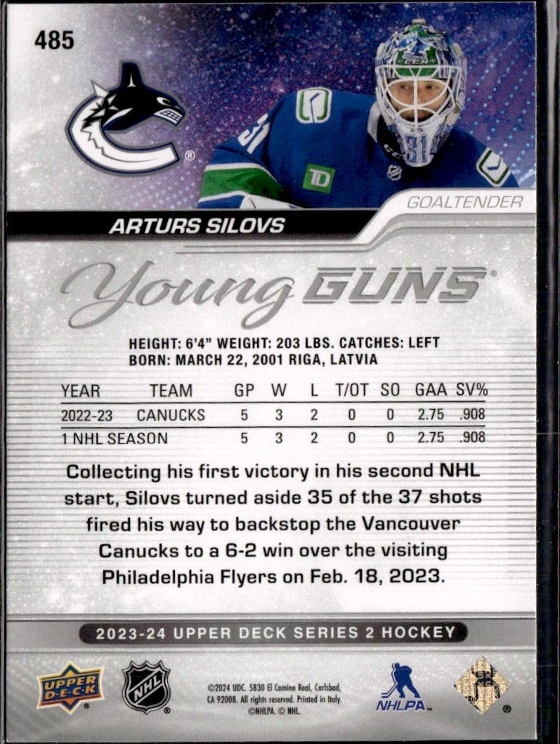 2023-24 Upper Deck Series 2 Hockey Base Young Guns #485 – Arturs Silovs (Vancouver Canucks)