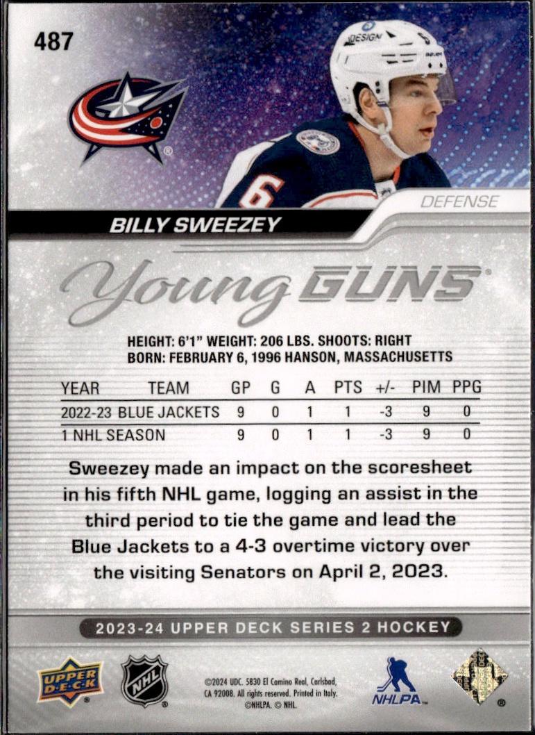 2023-24 Upper Deck Series 2 Hockey Base Young Guns #487 – Billy Sweezey (Columbus Blue Jackets)