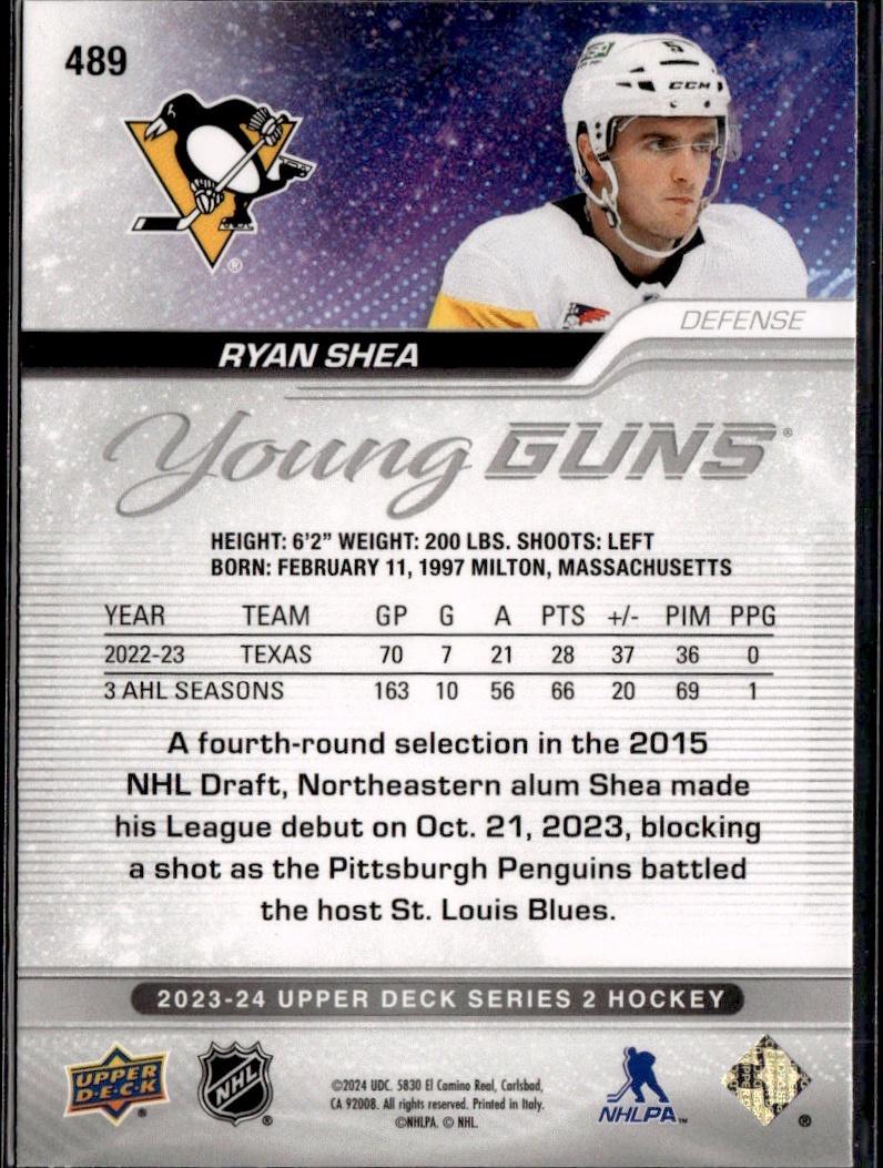 2023-24 Upper Deck Series 2 Hockey Base Young Guns #489 – Ryan Shea (Pittsburgh Penguins)