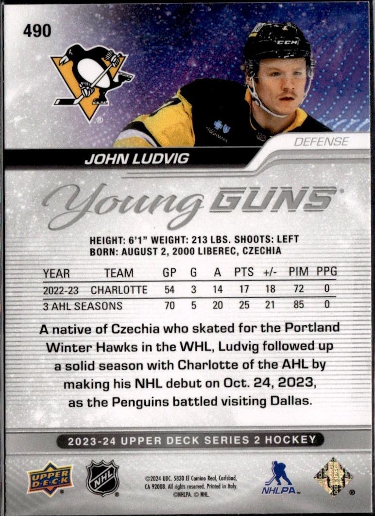 2023-24 Upper Deck Series 2 Hockey Base Young Guns #490 – John Ludvig (Pittsburgh Penguins)