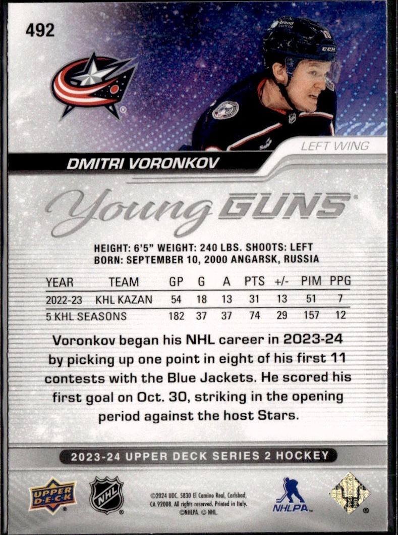 2023-24 Upper Deck Series 2 Hockey Base Young Guns #492 – Dmitri Voronkov (Columbus Blue Jackets)