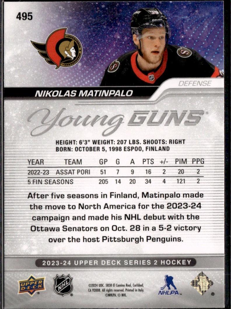 2023-24 Upper Deck Series 2 Hockey Base Young Guns #495 – Nikolas Matinpalo (Ottawa Senators)