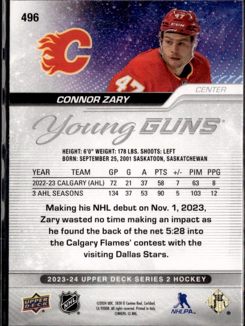 2023-24 Upper Deck Series 2 Hockey Base Young Guns #496 – Connor Zary (Calgary Flames)