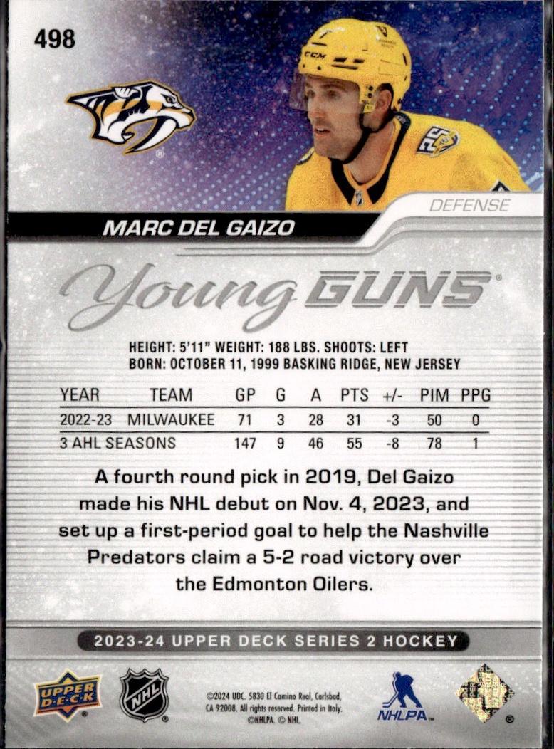 2023-24 Upper Deck Series 2 Hockey Base Young Guns #498 – Marc Del Gaizo (Nashville Predators)