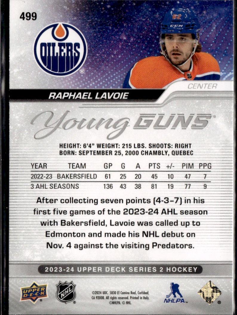 2023-24 Upper Deck Series 2 Hockey Base Young Guns #499 – Raphael Lavoie (Edmonton Oilers)