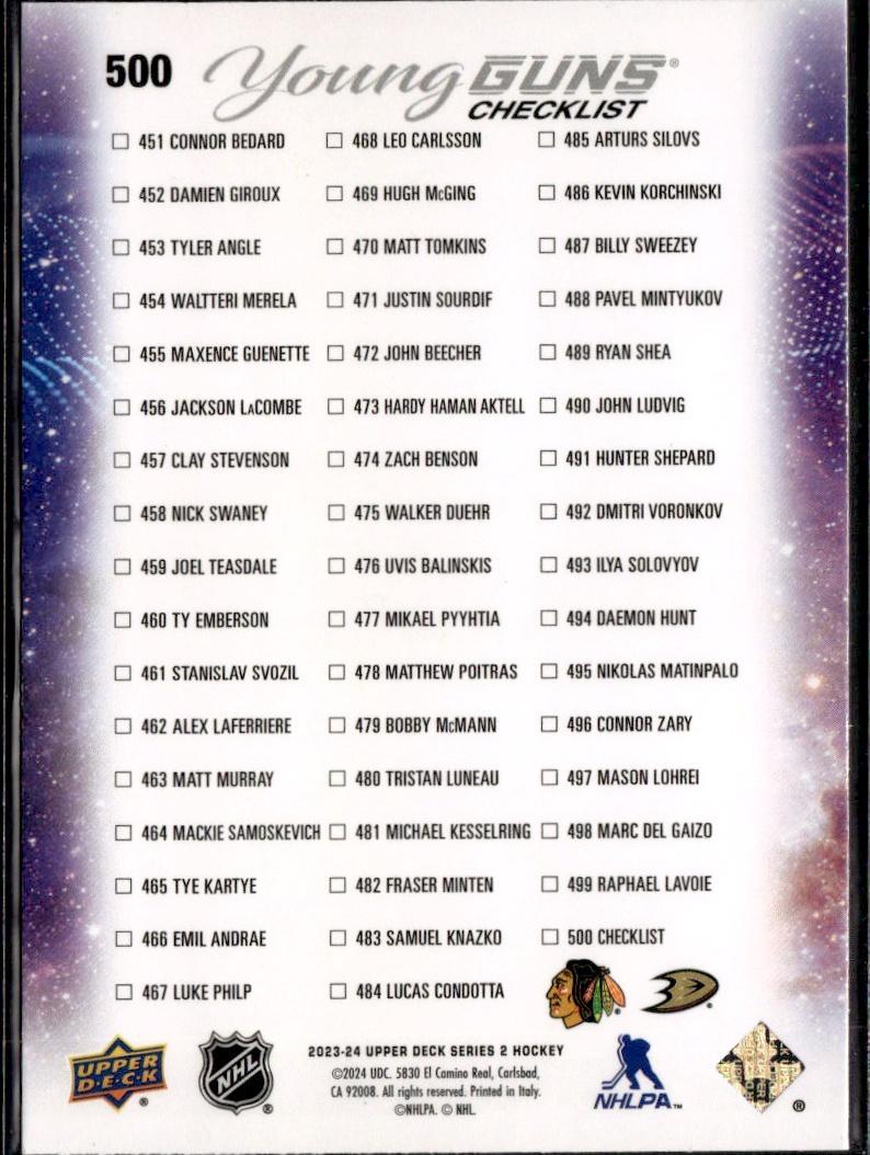 2023-24 Upper Deck Series 2 Hockey Base Young Guns #500 – Young Guns Checklist (Connor Bedard / Leo Carlsson) YG, CL (Chicago)