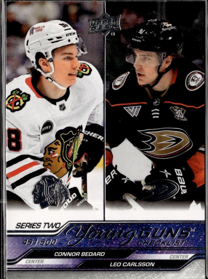2023-24 Upper Deck Series 2 Hockey Base Young Guns #500 – Young Guns Checklist (Connor Bedard / Leo Carlsson) YG, CL (Chicago)