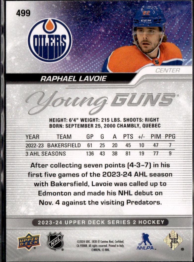 2023-24 Upper Deck Series 2 Hockey Base Young Guns Silver Outburst #499 – Raphael Lavoie (Edmonton Oilers)