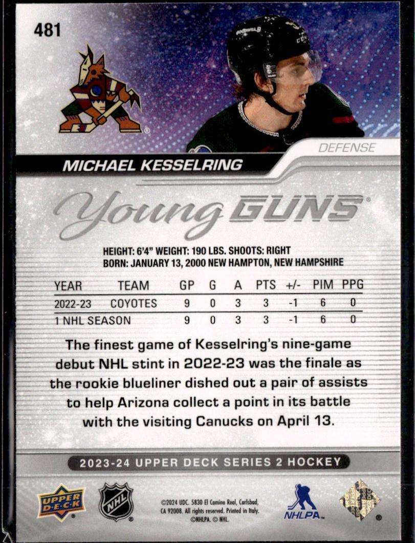2023-24 Upper Deck Series 2 Hockey Base Young Guns Silver Outburst #481 – Michael Kesselring (Arizona Coyotes)