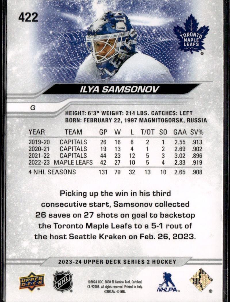 2023-24 Upper Deck Series 2 Hockey Base Exclusives #/100 #422 – Ilya Samsonov (Toronto Maple Leafs)