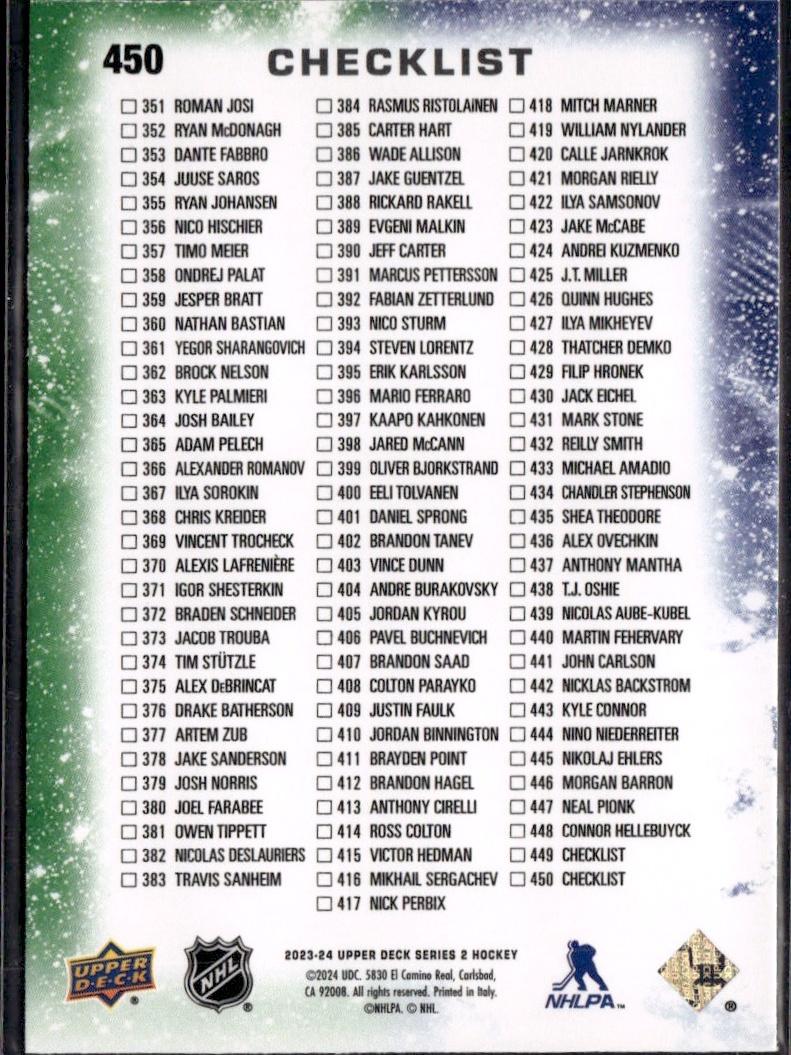 2023-24 Upper Deck Series 2 Hockey Base Young Guns Silver Outburst #450 – Wyatt Johnston / Andrei Kuzmenko CL (Dallas Stars Vancouver Canucks)