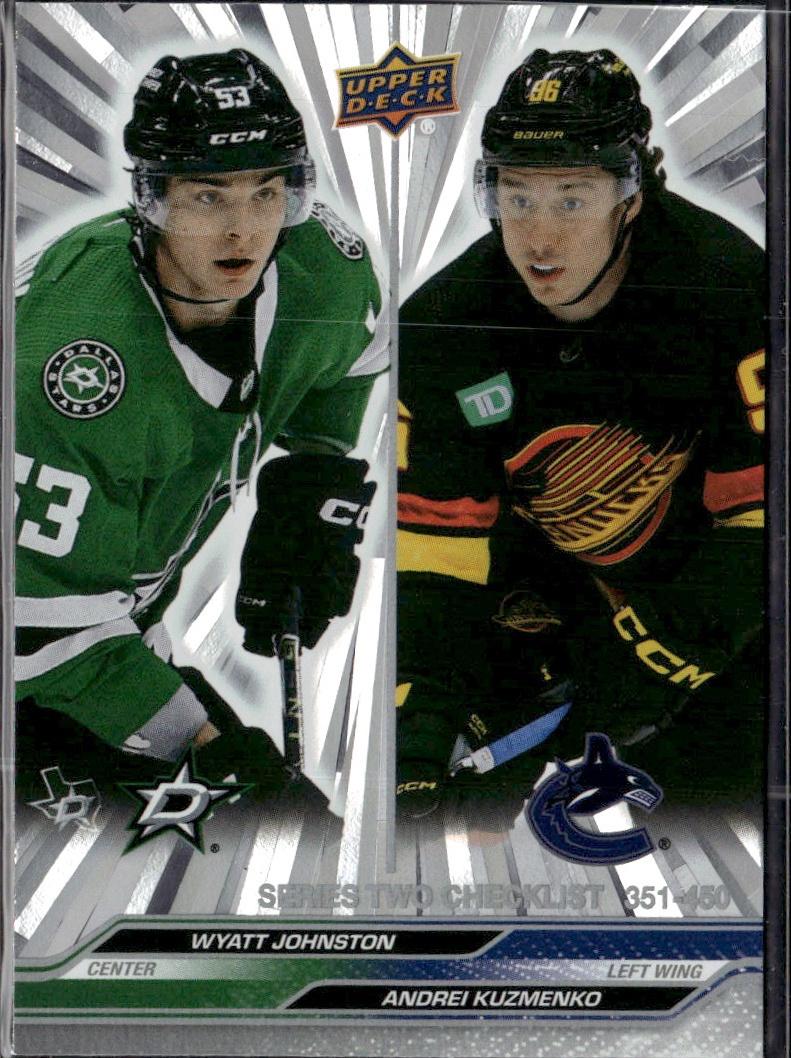 2023-24 Upper Deck Series 2 Hockey Base Young Guns Silver Outburst #450 – Wyatt Johnston / Andrei Kuzmenko CL (Dallas Stars Vancouver Canucks)