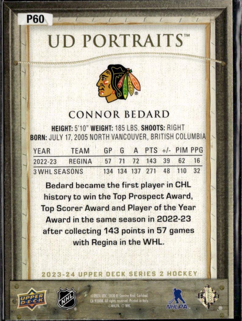 2023-24 Upper Deck Series 2 Hockey UD Portraits #P60 – Connor Bedard (Chicago Blackhawks)