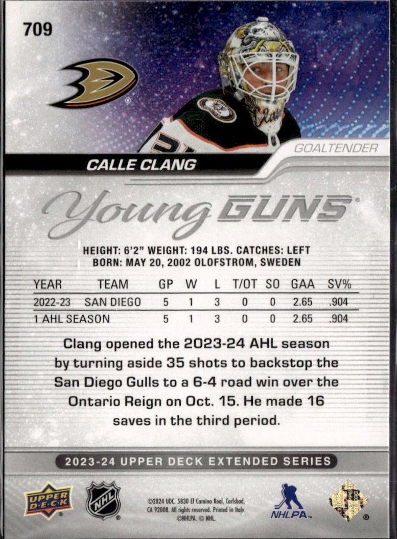2023-24 Upper Deck Extended Series Hockey Base Young Guns #709 – Calle Clang (Anaheim Ducks)
