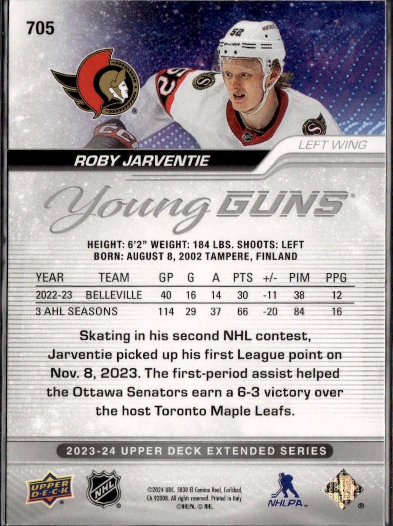 2023-24 Upper Deck Extended Series Hockey Base Young Guns #705 – Roby Jarventie (Ottawa Senators)