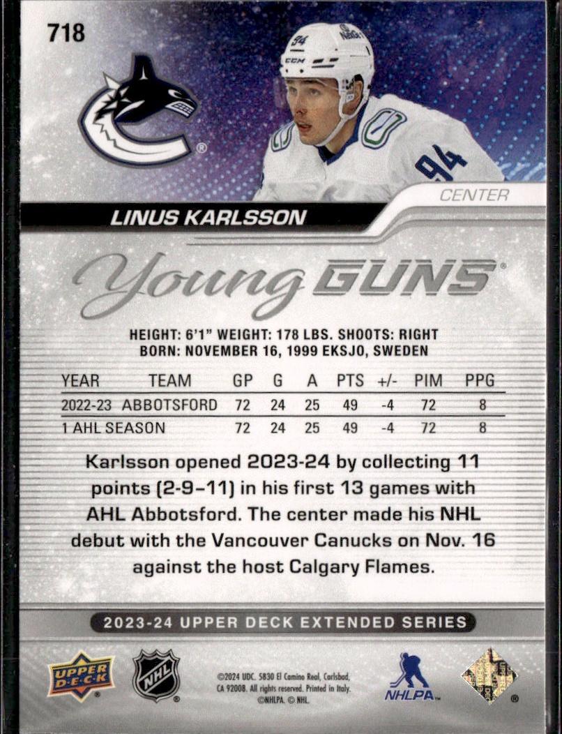 2023-24 Upper Deck Extended Series Hockey Base Young Guns #718 – Linus Karlsson (Vancouver Canucks)